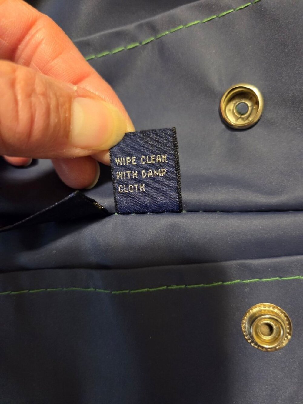Womens VTG Hooded Vinyl Raincoat L Reversable Navy Canvas Green Snaps pockets - Picture 8 of 10